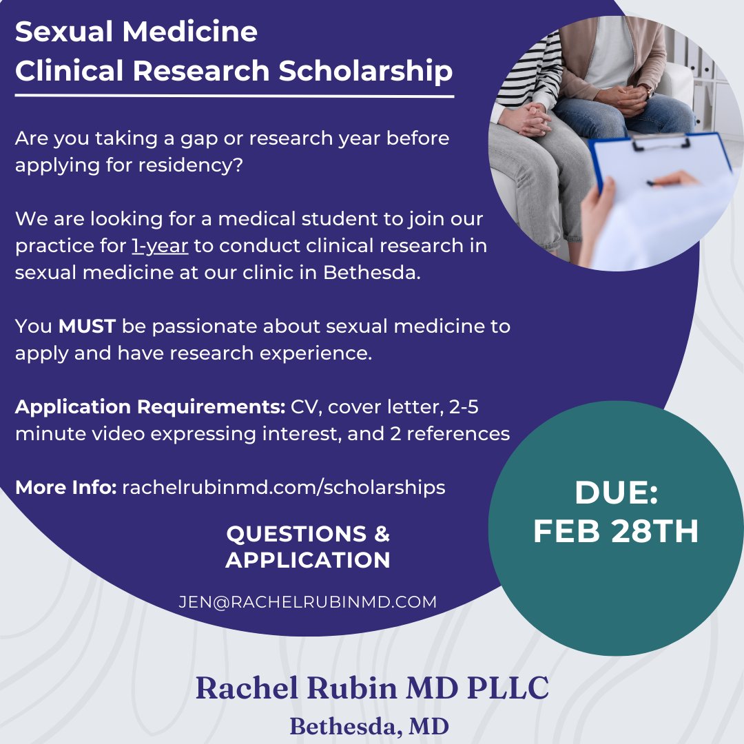 Rachel S. Rubin, MD (@drrachelrubin) on Twitter photo Excited to announce a paid clinical research scholarship year in sexual medicine
If you know anyone who didn't match into urology or is taking a year off have them consider us!
rachelrubinmd.com/scholarships
#uromatch2025 <a href="/AmerUrological/">Amer. Urol. Assn.</a>
<a href="/UroAcademic/">Society of Academic Urologists</a>
<a href="/Uro_Res/">The Urology Applicant ⚕</a>
<a href="/UrologyMatch/">Urology Match</a> Excited to announce a paid clinical research scholarship year in sexual medicine
If you know anyone who didn't match into urology or is taking a year off have them consider us!
rachelrubinmd.com/scholarships
#uromatch2025 <a href="/AmerUrological/">Amer. Urol. Assn.</a>
<a href="/UroAcademic/">Society of Academic Urologists</a>
<a href="/Uro_Res/">The Urology Applicant ⚕</a>
<a href="/UrologyMatch/">Urology Match</a>