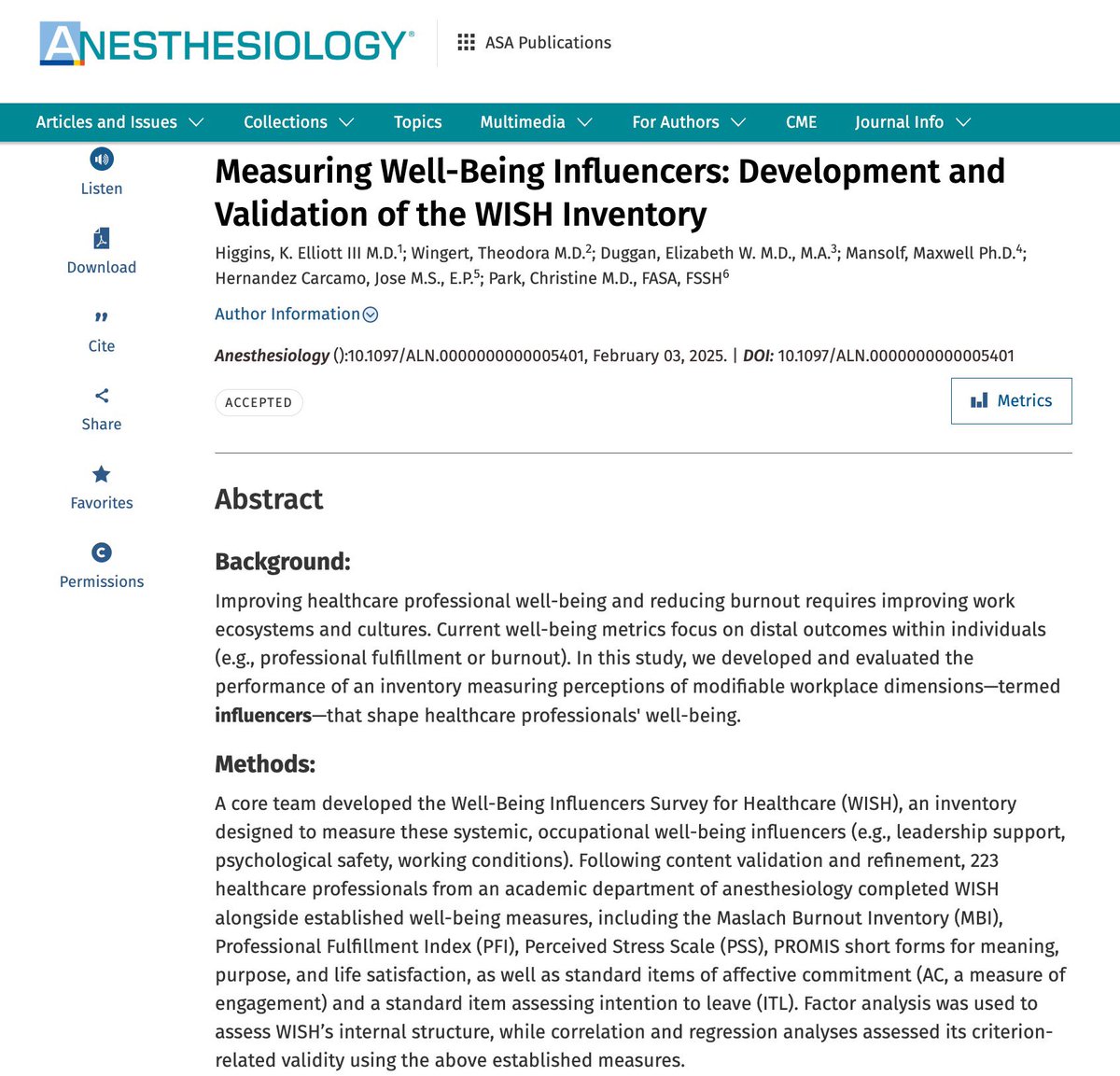 Elliott Higgins, MD 👨🎤 on Bluesky (@ehigginsmd) on Twitter photo Thrilled to share our manuscript validating WISH—the Well-Being Influencers Survey for Healthcare! WISH assesses systemic drivers of healthcare professional well-being & can guide improvement efforts.
🚨 🗞️
<a href="/_Anesthesiology/">Anesthesiology</a>
<a href="/TheodoraWingert/">Theodora Wingert MD</a> <a href="/EDugganMD/">Elizabeth Duggan, MD MA Org Psych</a>
journals.lww.com/anesthesiology… Thrilled to share our manuscript validating WISH—the Well-Being Influencers Survey for Healthcare! WISH assesses systemic drivers of healthcare professional well-being & can guide improvement efforts.
🚨 🗞️
<a href="/_Anesthesiology/">Anesthesiology</a>
<a href="/TheodoraWingert/">Theodora Wingert MD</a> <a href="/EDugganMD/">Elizabeth Duggan, MD MA Org Psych</a>
journals.lww.com/anesthesiology…