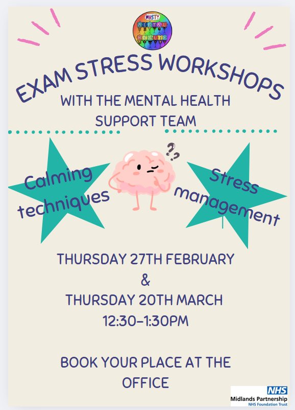 Feeling Overwhelmed by Exam Stress? You’re Not Alone! 
Year 11 and 13 exams can be tough, but your mental health matters too! Join our Mental Health Support Sessions to help you manage stress and stay focused. 
Take a deep breath—you’ve got this! 
Sign up in student reception.