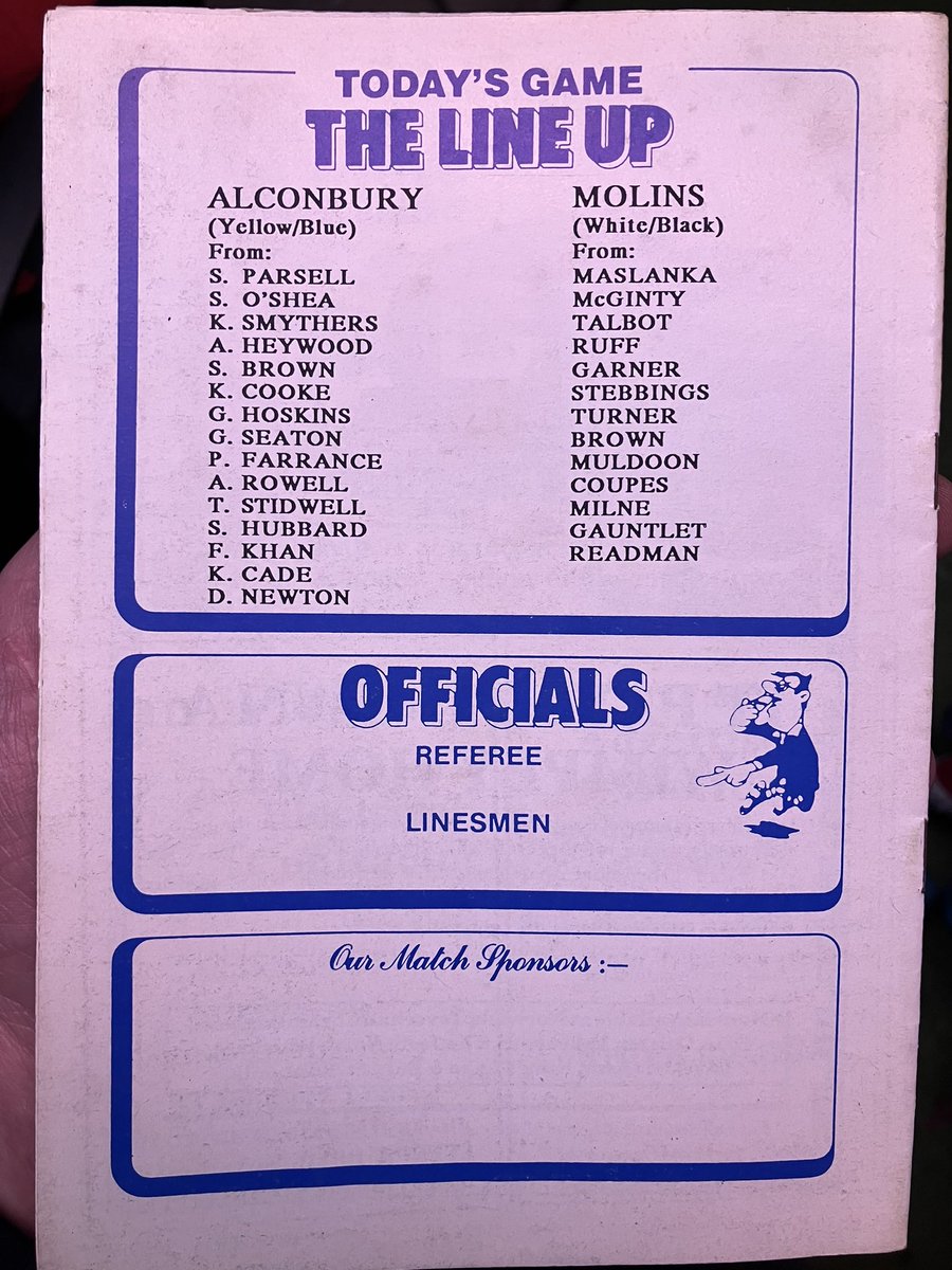 📕 #OnThisDay Feb 3rd 1990

<a href="/AlconburyFC1902/">Alconbury FC</a> v Molins in the Peterborough League Premier Division 

Well worth checking out the ‘Profile of Reserve Team Manager’ by himself and then read the version by ‘Anonymous Subscriber’ 😂 

#TheKitman 👕

#FootballProgrammes