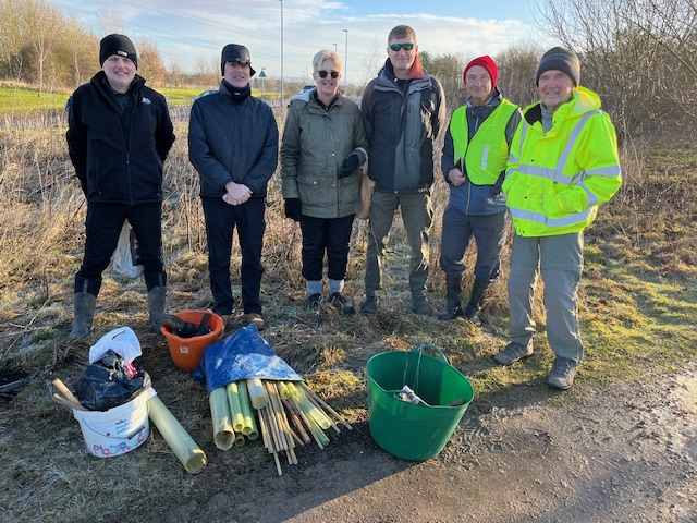 Woodland Maintenance session Sat 25th January - thank you to our regular volunteers who came along to this session
There was a very cold start re-fitting canes &amp; biodegradeable protection that had been blown about by Storm Eowyn the previous day, but the the sun eventually shone