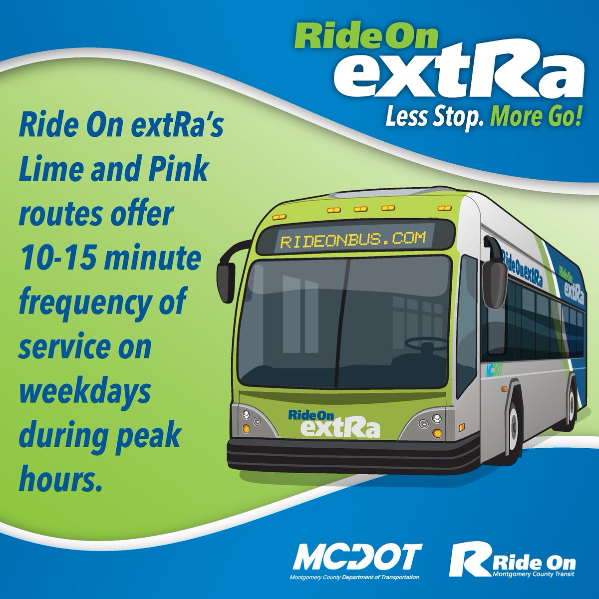RideOnMCT's tweet photo. #DYK the Ride On extRa’s Lime and Pink routes offer 10-15 minute frequency of service on weekdays during peak hours? Check it out at https://t.co/zgZ0FoJ8e5 #LessStopMoreGo @mcdotnow https://t.co/vpIy1zSBn0