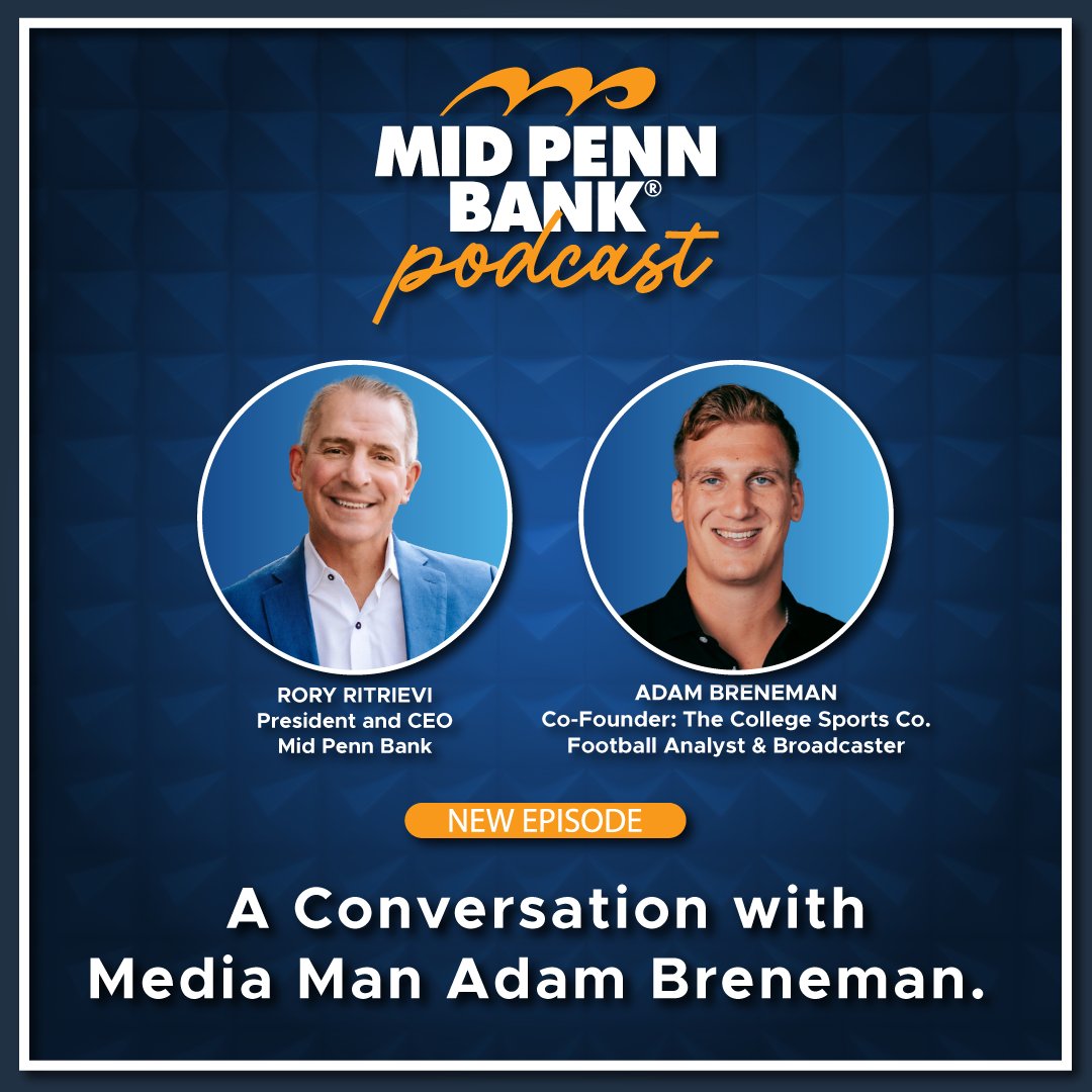 Mid_Penn_Bank's tweet photo. Please listen to our latest podcast episode for a conversation with @AdamBreneman81. Adam is the co-founder of @CollegeSportsCo. He is also a football analyst and broadcaster. #CommunityBanking #MPBPodcast
@MPBRory
π Link to audio podcast: https://t.co/0sD39BlFE7
π Link to video podcast: https://t.co/vvwRChdsAl