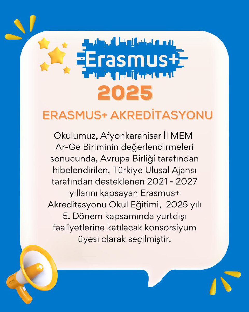 Okulumuz Erasmus+ Akreditasyonu Okul Eğitimi,  2025 yılı 5. Dönem kapsamında yurtdışı faaliyetlerine katılacak konsorsiyum üyesi olarak seçilmiştir. Bu sürece katkı sağlayan tüm paydaşlarımıza teşekkür ederiz. <a href="/afyonilmem/">Afyonkarahisar İl Milli Eğitim Müdürlüğü</a> @dazkiri_mem