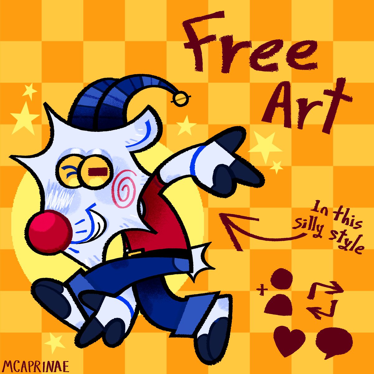 McCaprinae's tweet photo. FREE ART !!

I liked this silly style and wanted to do someting with it so here I am, drop your characters below!

Follows, likes and reposts are appreciated 🫶

#freeart #art https://t.co/53xvBEnKDC