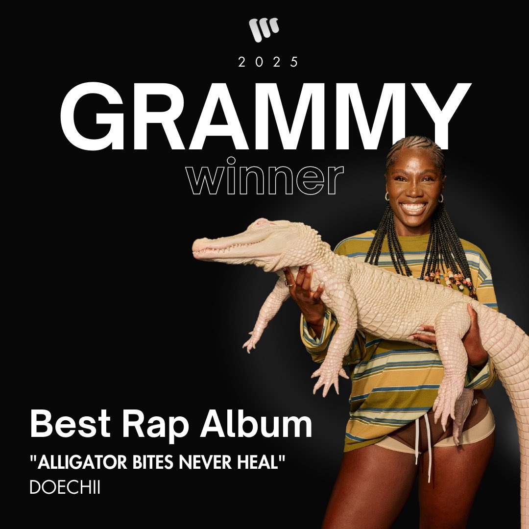 wvemedia_'s tweet photo. Huge congratulations to Doechii on winning the 2025 Grammy Award for Best Rap Album - Alligator Bites Never Heal

She makes history as only the third female artist to ever win this award, cementing her status as a powerhouse in the music industry. This achievement is a testament to her talent, dedication, and unstoppable rise.

Doechii, we celebrate all that you’ve accomplished and can’t wait to see what’s next in your incredible journey. Keep making history!