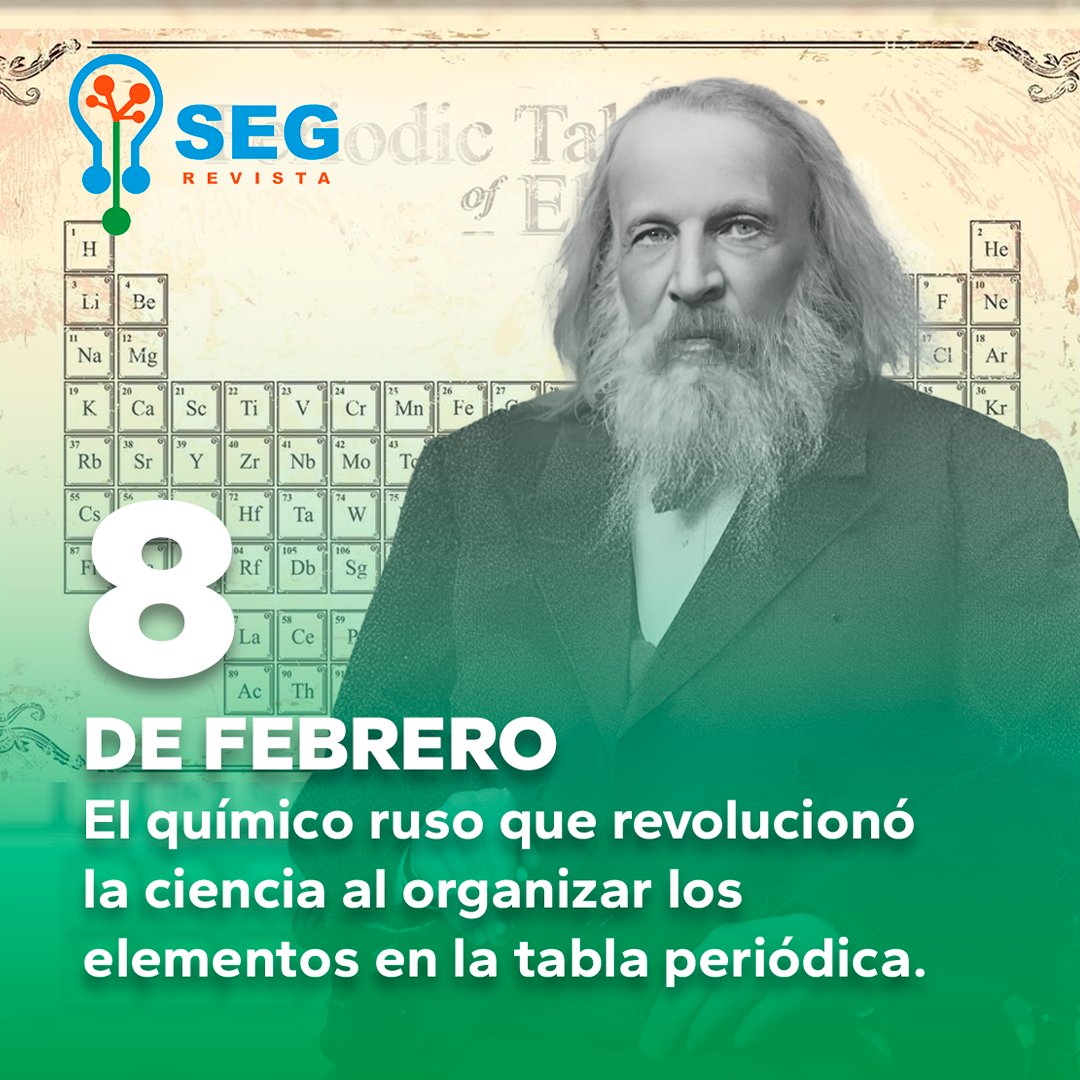 SEGrevista's tweet photo. 🧪 8 de febrero de 1834

Nace Dimitry Mendeleyev, el químico ruso que organizó los elementos en la tabla periódica, revolucionando la ciencia. 🔬✨
📜 Su trabajo permitió predecir elementos aún no descubiertos y sentó las bases de la química moderna
#Mendeleyev #Ciencia #Historia https://t.co/2QXs9TSa4N