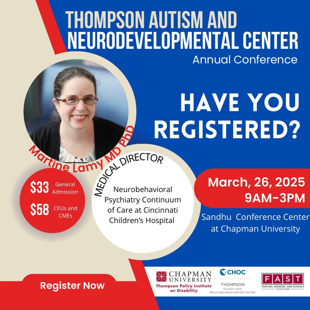 Join us for the 3rd Annual Thompson Autism and Neurodevelopmental Center Conference!
Don't miss this opportunity to connect with professionals and explore the latest in autism and neurodevelopmental care. See you there!
Reserve your tickets here tickets.chapman.edu/Online/article…