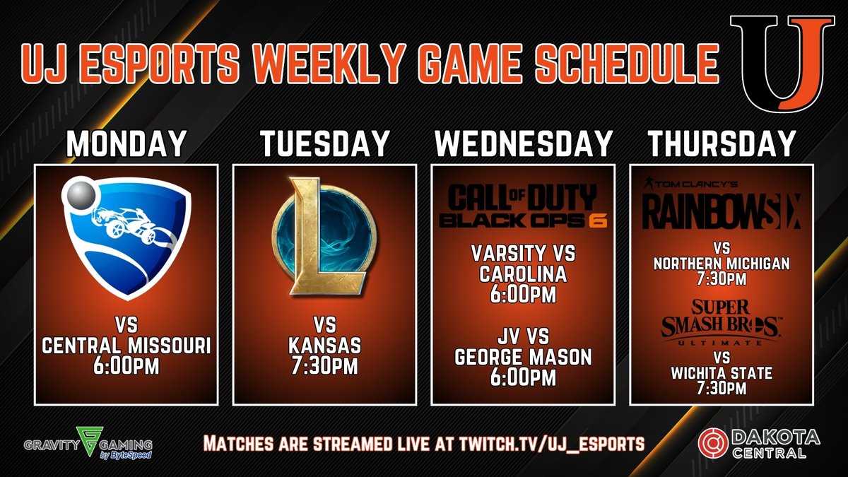 Spring season is here! Here's what we have for this week:

Monday: RL vs Cent. Missouri @ 6:00pm
Tuesday: LoL vs Kansas @ 7:30pm
Wednesday: Call of Duty vs Carolina &amp; George Mason @ 6:00pm
Thursday: R6 vs Northern Michigan and SSBU vs Wichita State @ 7:30pm

uj_esports on Twitch!