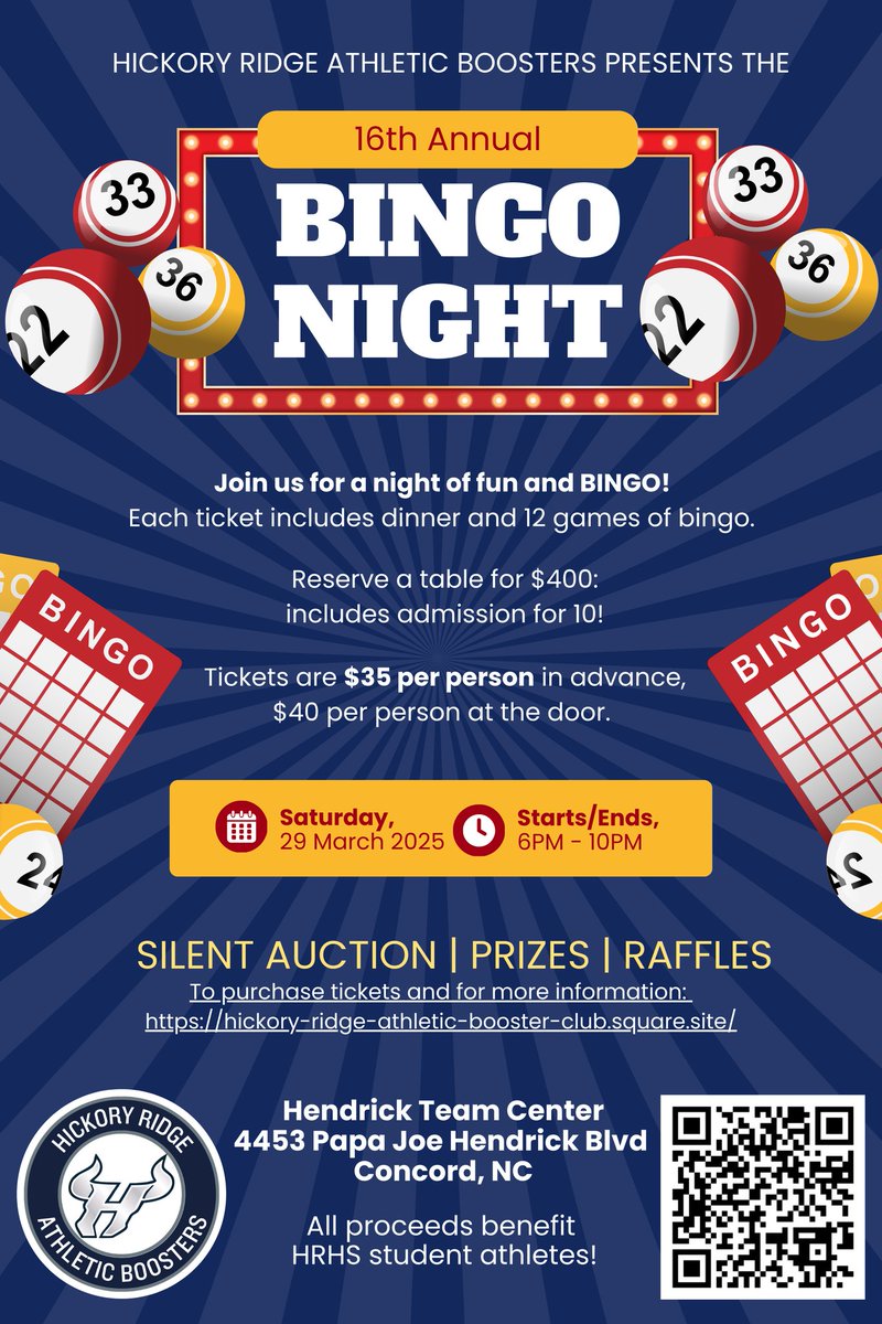 Want to join us for a night full of fun, wins, and BINGO? Tickets for our 16th Annual Bingo Night are now open! Sign up now and make sure to save the date for March 29, 6:00-10:00 pm. Can’t wait to see you there! All proceeds go to support HRHS athletes.