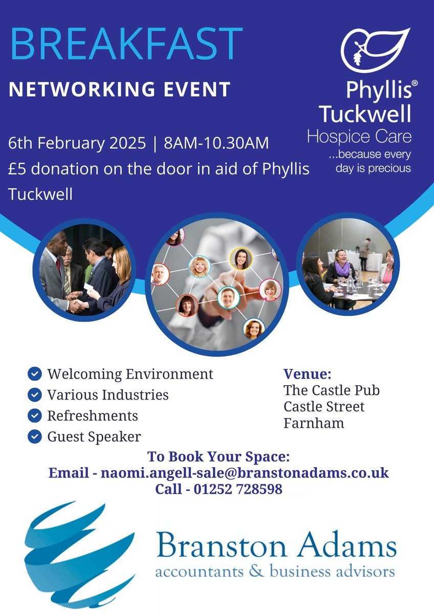 Only 3 days to go until our first networking event of 2025!
Our Guest Speaker is Ali Stewart this month, so why not come and have a coffee with us all!
Email: naomi.angell-sale@branstonadams.co.uk for more info
#networkingevents #localbusinesses #farnham #branstonadams #castleinn