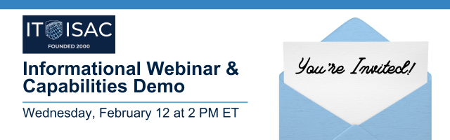 ITISAC's tweet photo. Have you RSVP'd yet?  ✉️

We'd love to see you next week!

Stop by our first capabilities demo of the year and find out what the IT-ISAC can do for your team!

Register Here: https://t.co/wiyGGzMKgW 

#isac #cybersecurity #webinar #threatintelligence #informationsharing https://t.co/NZdmQsqDcM