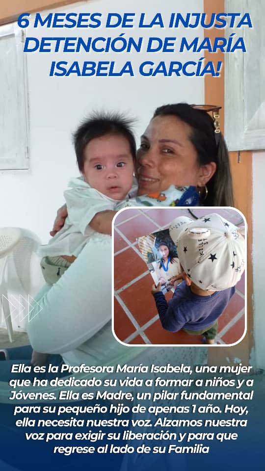 🚨 URGENTE: La salud de María Isabela García está en grave peligro

María Isabela García, docente de 35 años y madre de dos hijos (de 18 años y 1 año y 7 meses), se encuentra injustamente privada de libertad desde el 3 de agosto de 2024 en Mantecal, estado Apure. Además de ser el