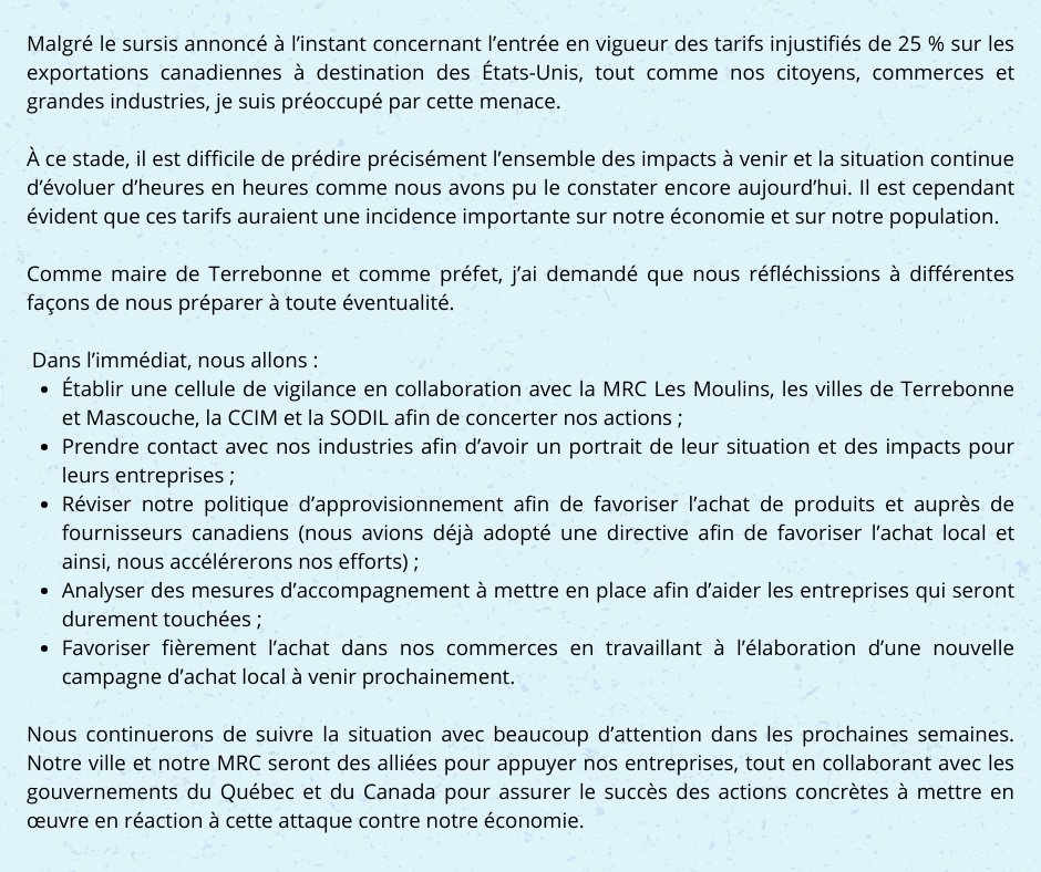 MathieuTraversy's tweet photo. Malgré le sursis accordé par le président des États-Unis sur l'entrée en vigueur des tarifs injustifiés de 25%, je demeure préoccupé et nous nous préparons à toute éventualité. #terrebonne #polmun #polqc #polcan @TerrebonneVille https://t.co/rpioYlVMzi