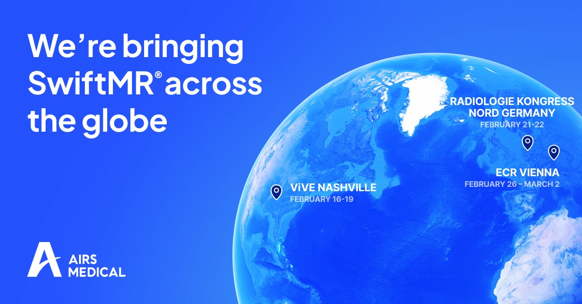 🌍 We’re on the move!

This February, AIRS Medical is bringing SwiftMR® across the globe! Don’t miss your chance to see how our AI-powered MRI enhancement software reduces scan times and delivers sharper images.

📍 ViVE | Nashville, USA | Feb 16-19
📍 Radiologie Kongress Nord |