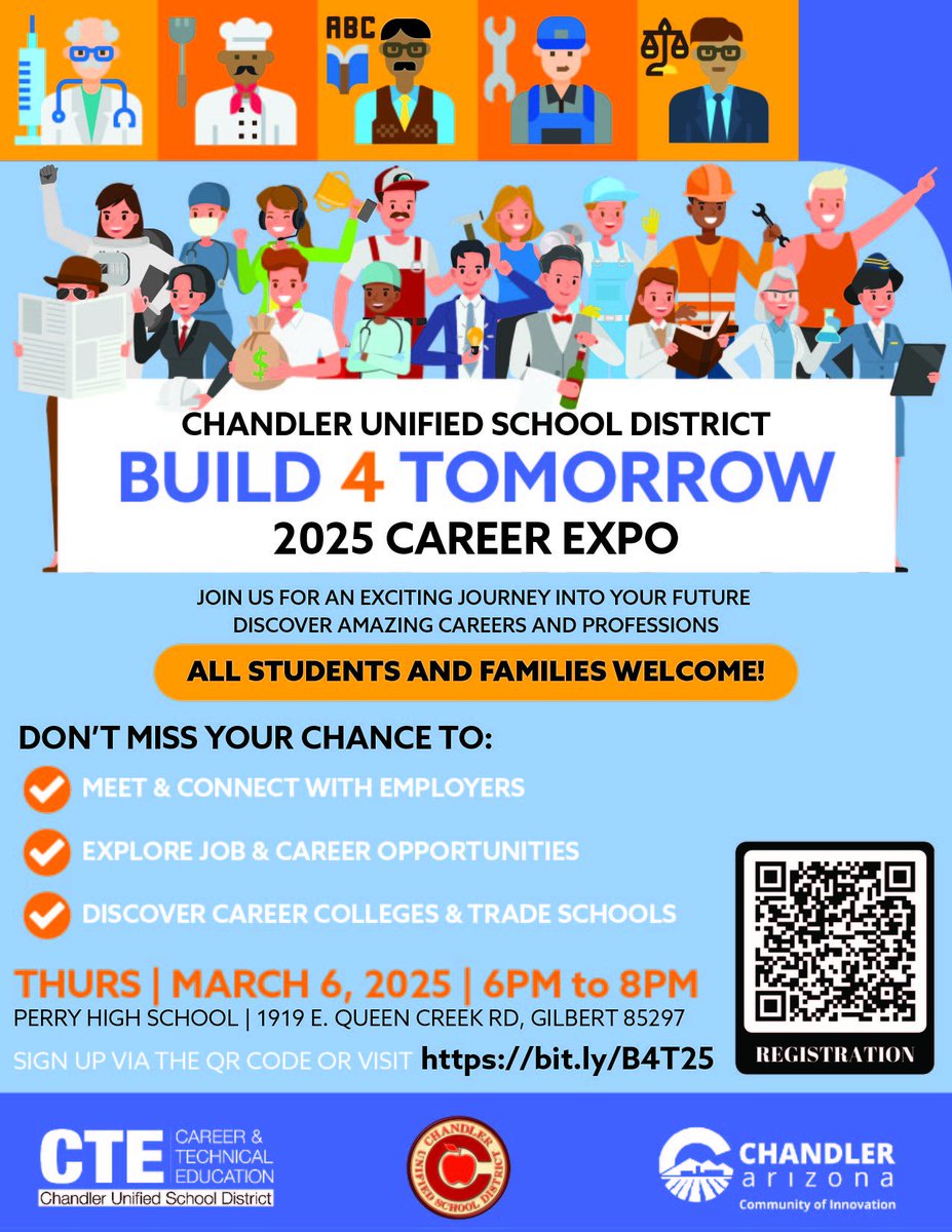 Chandler Education Foundation (@chandleredfound) on Twitter photo Unsure about your future career path? <a href="/ChandlerUnified/">Chandler Unified School District</a> has you covered! Attend the #Build4Tomorrow Career Expo to connect with employers, explore professions, & discover career & trade school opportunities. Students & families welcome!
Thurs., Mar. 6
6:-8PM
Perry High School Unsure about your future career path? <a href="/ChandlerUnified/">Chandler Unified School District</a> has you covered! Attend the #Build4Tomorrow Career Expo to connect with employers, explore professions, & discover career & trade school opportunities. Students & families welcome!
Thurs., Mar. 6
6:-8PM
Perry High School