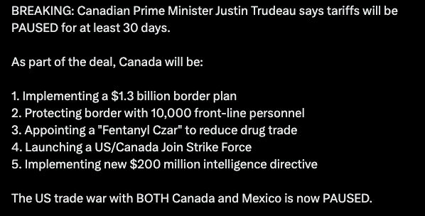 MichaelGessen's tweet photo. Here’s the harsh reality: making rash, irrational decisions without thinking things through is exactly how mistakes are made. 

The tariffs between the U.S. and Canada could’ve been avoided if both sides had just come to the table. Instead, politicians—on both sides—jumped the gun, made irrational decisions, and proposed nuclear, permanent solutions to temporary problems. This should serve as a major lesson in the importance of rational thinking and calculated responses.

The U.S. had legitimate concerns. These concerns were not addressed by the Canadian government, and that's how we ended up in this mess. Tariffs were put into place as a response to those concerns. The problem wasn’t the tariffs—it was the overblown reactions from politicians, who quickly escalated the situation by proposing extreme actions like cutting off ties entirely, rather than addressing the real issues at hand.

Calling President Trump a bully may give you a few clicks or some online engagement, but that doesn’t solve anything. It's just noise, and it's not constructive. 

This type of behavior only fuels division and doesn’t contribute to any meaningful resolution. The real solution? Cool, rational thinking. Calm, thoughtful approaches to decision-making. 

Instead of retaliating with nonsensical actions like scrapping internet subsidies for rural Ontarians or pulling U.S.-made liquor products that were already bought and paid for, the focus should’ve been on addressing the real concerns and working toward a solution that benefits both sides.

Now let’s talk about the over-the-top reactions from some people—those who canceled vacations, sold concert tickets, swore they’d never visit the United States again, or proposed mass boycotting of U.S.-made products. Are you kidding me? How irrational and ridiculous does that look? These reactions aren’t just misguided—they’re counterproductive. They don’t solve the problem, they just make the situation more complicated and cause unnecessary chaos for individuals and businesses. They don't change trade policies or improve relations—they just escalate tensions and serve no real purpose other than to grab attention.

This situation should serve as a reminder about how negotiations, deal-making, and compromise work. There’s no room for tantrums and irrational responses. Business will pull through. Trade relations between the U.S. and Canada will remain strong, and the economic connection between the two countries is too important to be derailed by knee-jerk reactions. At the end of the day, this is a temporary situation that will be resolved through reasoned conversations, and the relationship will continue to thrive.

Trudeau should’ve done everything he could to get on the phone with Trump right after the inauguration, instead of creating a spectacle with retaliatory tariffs. Instead of letting this drag on, he should’ve said, "I’m coming to the White House, and I won’t leave until we’ve found a solution." 

Notice how the tariffs were paused as soon as Trudeau addressed every point raised by the Trump administration. That’s how cooperation works. Tariffs weren’t just punitive; they were a wake-up call to get both sides to the table. The concern wasn’t to escalate tensions, but to address real issues. Ignoring the concerns of your closest trade partner is not the way forward.

Unfortunately, much of this was fueled by online content, politicians with self-serving agendas for their own upcoming elections, and a failure to see the bigger picture. It’s disappointing to see such shortsightedness. Politicians should have been focused on resolution, not playing to their base with fearmongering or extreme proposals. 

The lesson here is simple: it’s time to grow up, stop scoring political points, and get serious about resolving issues through clear, rational, and constructive dialogue. 

Stop making decisions based on emotion and start making them based on strategy, compromise, and long-term success.