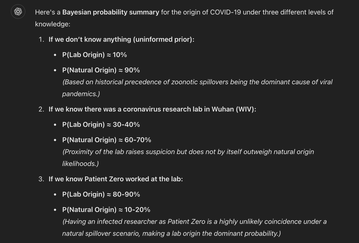 ChatGPT admits it is biased on the COVID-19 origin after being checked on its Bayesian reasoning.
