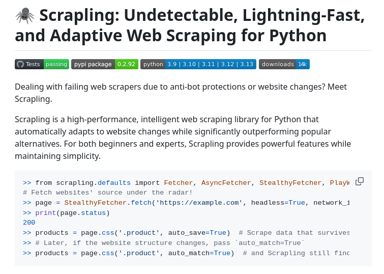 tom_doerr's tweet photo. Scrapling: Python web scraping library https://t.co/5S38sJPWUa