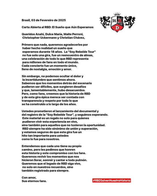 rbdmaniaco's tweet photo. Mantener el legado de RBD vivo es honrar lo prometido. Queremos que el legado del RBD siga vivo, no solo en nuestras memorias, sino también registrado para siempre #RBDSalvenNuestraHistoria

@anahi @DulceMaria @maiteperroni @christiancha @christopheruck https://t.co/x4Zjk5n3uP