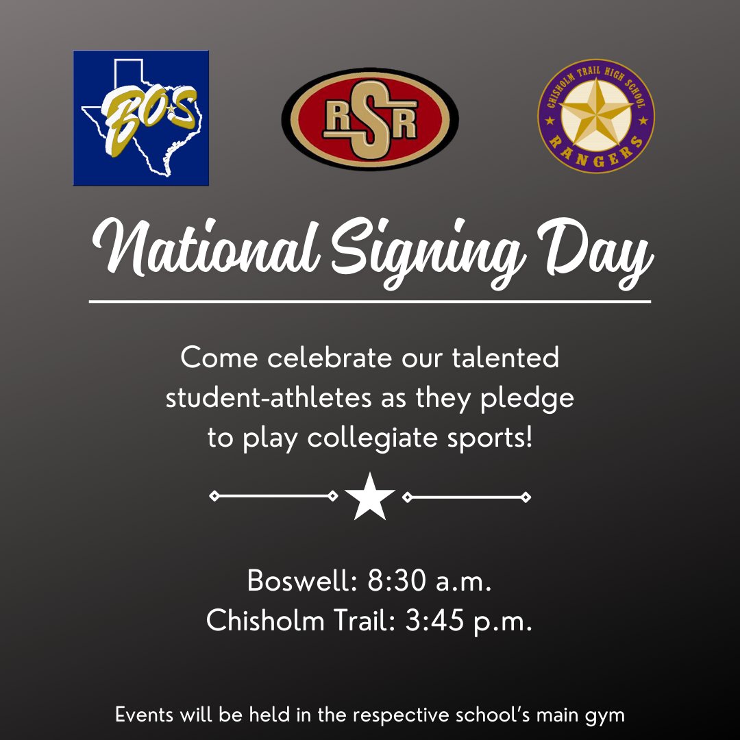 An important update regarding National Signing Day on Wednesday‼️🖊

Boswell has adjusted the start time of their ceremony to 8:30 a.m. while Saginaw's has been moved to a later date. Chisholm's start time and all locations remain the same!
We'd love to see you there!🎉