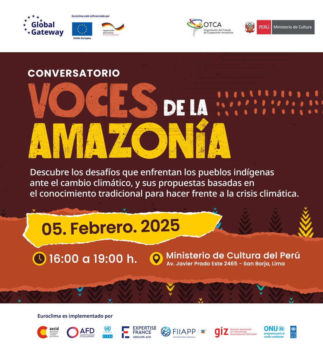 Únete al Conversatorio Voces de la Amazonía, donde se abordarán los desafíos que enfrentan las comunidades indígenas frente al cambio climático. 🌳🌎

Organizado por: <a href="/MinCulturaPe/">Ministerio de Cultura</a> con @EUROCLIMA_UE_AL

👉 Regístrate aquí: tinyurl.com/vocesdelaamazo…

<a href="/giz_gmbh/">GIZ</a>
