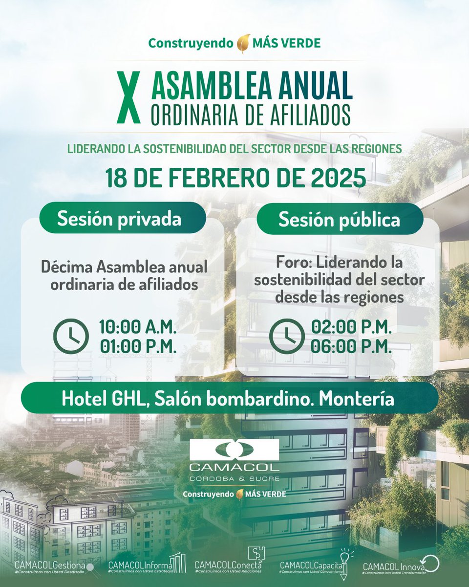 camacorysuc's tweet photo. 📣 Empresarios, constructores y líderes del sector, los esperamos en el Foro: Liderando la Sostenibilidad del Sector desde las Regiones este 18 de febrero en Montería. 🌱🏗️📍 Hotel GHL | 🕑 2:00 p.m.

📷 Inscríbete ahora: https://t.co/lmQAhM5JQh https://t.co/hOb0TvwGY2