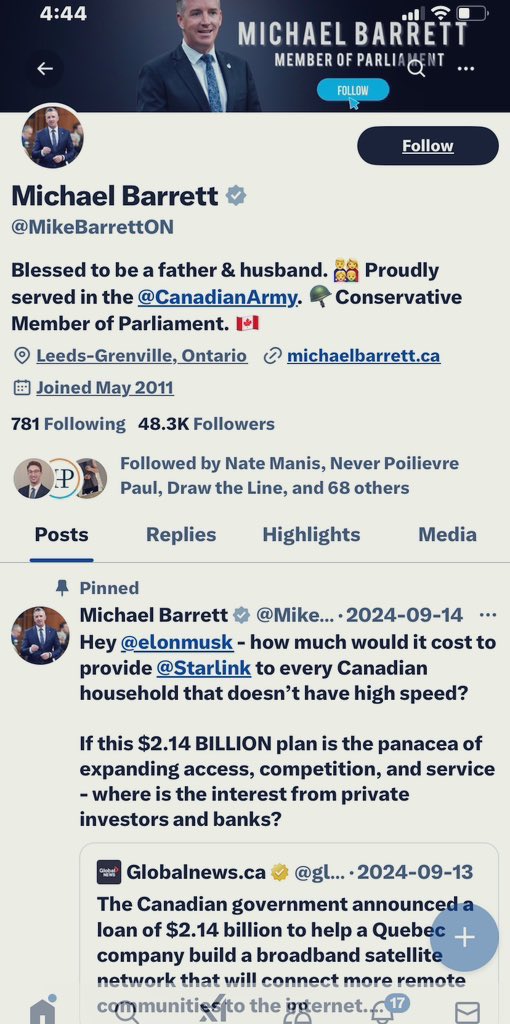 tirednursey's tweet photo. This Vichy politician had it his pinned tweet until an hour ago

#mikebarrett

#PierrePoilievreIsUnelectable 

#CancelStarLink 

#ElonMuskIsANationalSecurityThreat https://t.co/3Emk5vL5tl