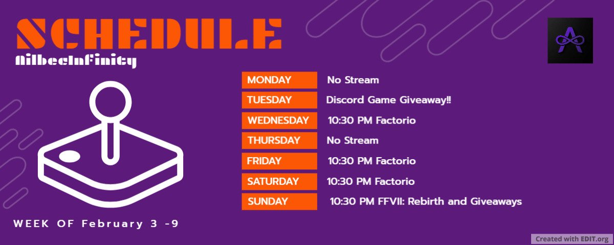This week's schedule for the stream!! Hope you can come hang out!