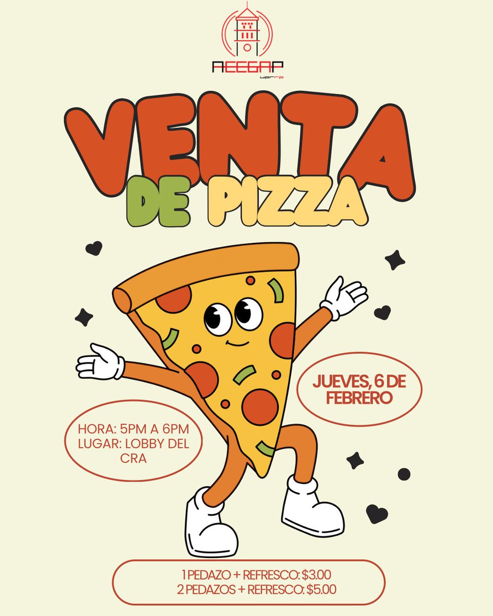 aeegap_upr's tweet photo. 🚨¡CAMBIO DE FECHA!🚨 ¡Antes de ir a clase pasa por tu pedazo de pizza y refresco! 🍕🥤 ¡Te esperamos este próximo jueves, 6 de febrero a partir de las 5:00pm! ✨ #aeegap #uprrp #pizza #administraciónpública #iupi #venta #apoyo https://t.co/mARzjb6NjI