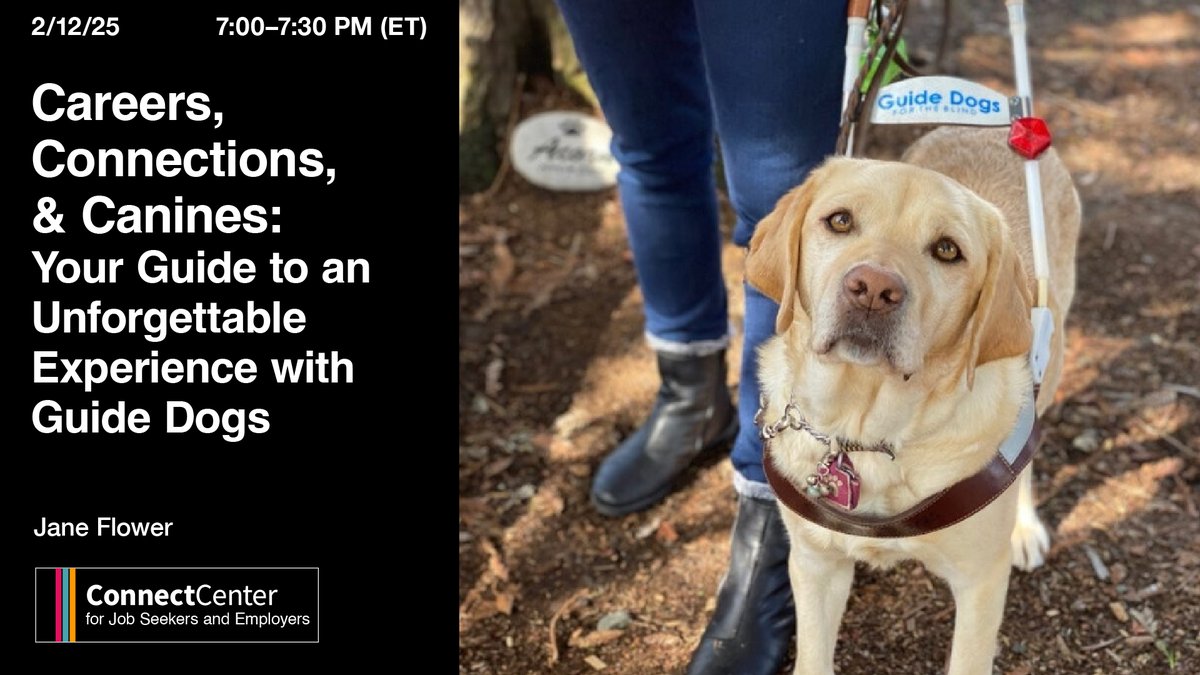 APHfortheBlind's tweet photo. Join Guide Dogs for the Blind &amp; APH Career Connect on 2/12 at 7 pm (ET) to learn about the Careers &amp; Canine Connections program! This program allows people ages 18-24 to learn about guide dogs &amp; explore career opportunities. Register: https://t.co/oA1so0EqEl https://t.co/5uJ6xJlePj