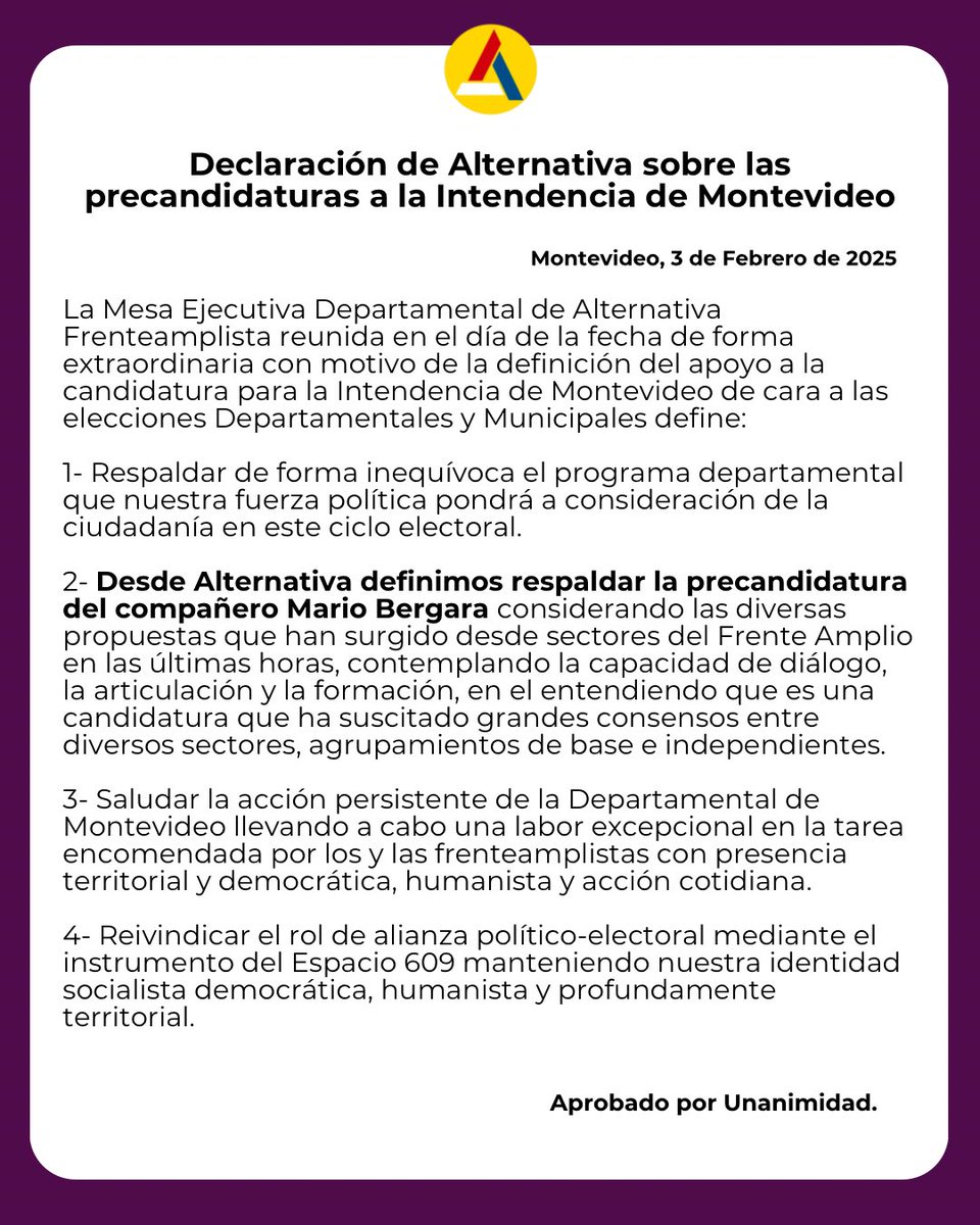 𝘿𝙚𝙘𝙡𝙖𝙧𝙖𝙘𝙞𝙤́𝙣 𝙙𝙚 𝙡𝙖 𝙈𝙚𝙨𝙖 𝙀𝙟𝙚𝙘𝙪𝙩𝙞𝙫𝙖 𝘿𝙚𝙥𝙖𝙧𝙩𝙖𝙢𝙚𝙣𝙩𝙖𝙡 𝙙𝙚 𝘼𝙡𝙩𝙚𝙧𝙣𝙖𝙩𝙞𝙫𝙖 𝙨𝙤𝙗𝙧𝙚 𝙘𝙖𝙣𝙙𝙞𝙙𝙖𝙩𝙪𝙧𝙖𝙨 𝙖 𝙡𝙖 𝙄𝙣𝙩𝙚𝙣𝙙𝙚𝙣𝙘𝙞𝙖 𝙙𝙚 𝙈𝙤𝙣𝙩𝙚𝙫𝙞𝙙𝙚𝙤.