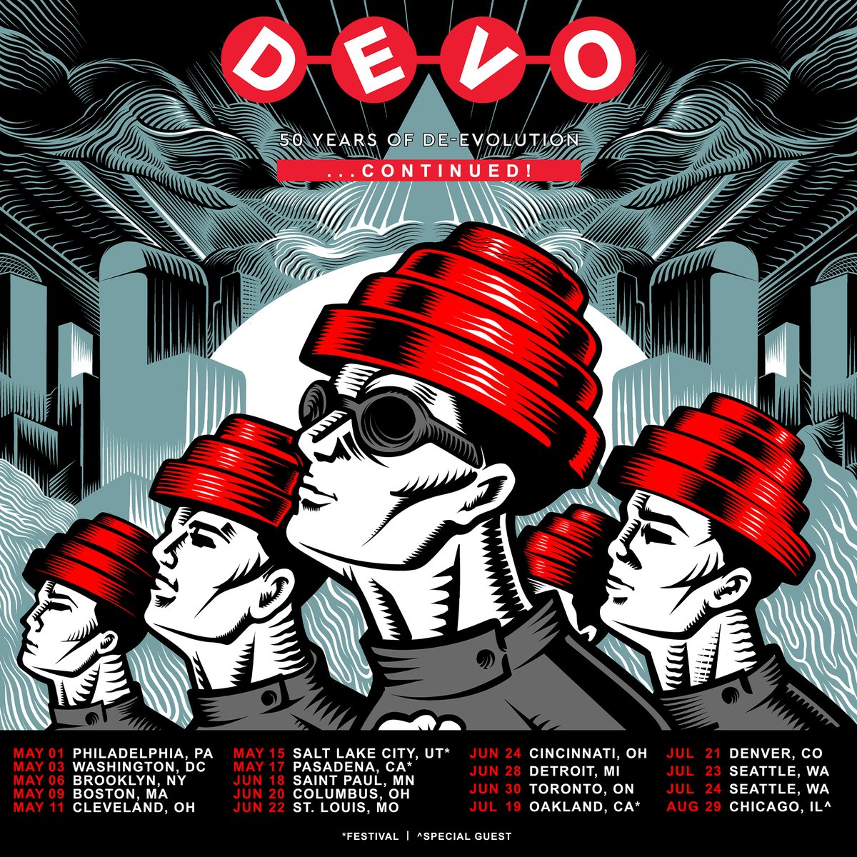 DEVO is hitting the road once again for 50 YEARS OF DE-EVOLUTION… CONTINUED!

Join us as we celebrate five decades of de-evolution with a mind-melting live experience. 

Tickets On-Sale: Friday, February 7 at 10AM local time.

#DEVO #50YearsOfDeEvolutionContinued