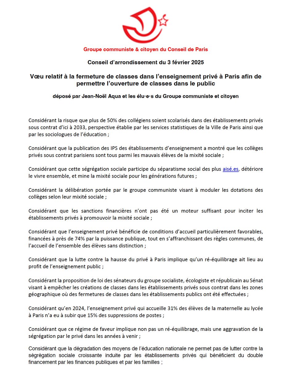 En conseil du 13e, le groupe communiste fait voter 3 voeux
❌️contre les suppressions de postes dans les écoles et collèges
✅️pour le transfert de 50 postes des écoles privées vers le public 
✅️pour la suppression par l'ARS de la dette de l’Institut Mutualiste Montsouris