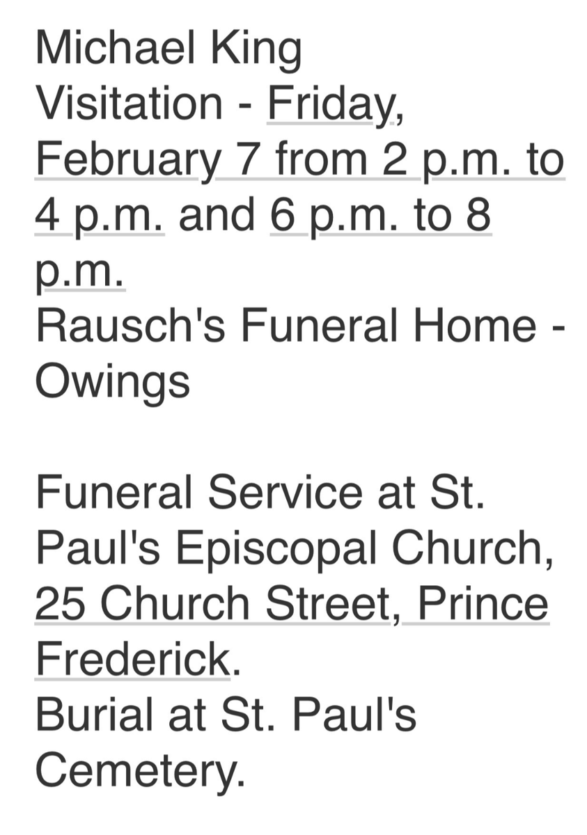 CalvertGOP's tweet photo. Mike King's funeral arrangements: https://t.co/EAF3bepIXV