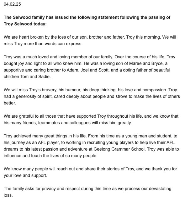 Just terrible news. Vale Troy Selwood. Thoughts with his family, colleagues and close friends. 🙏
