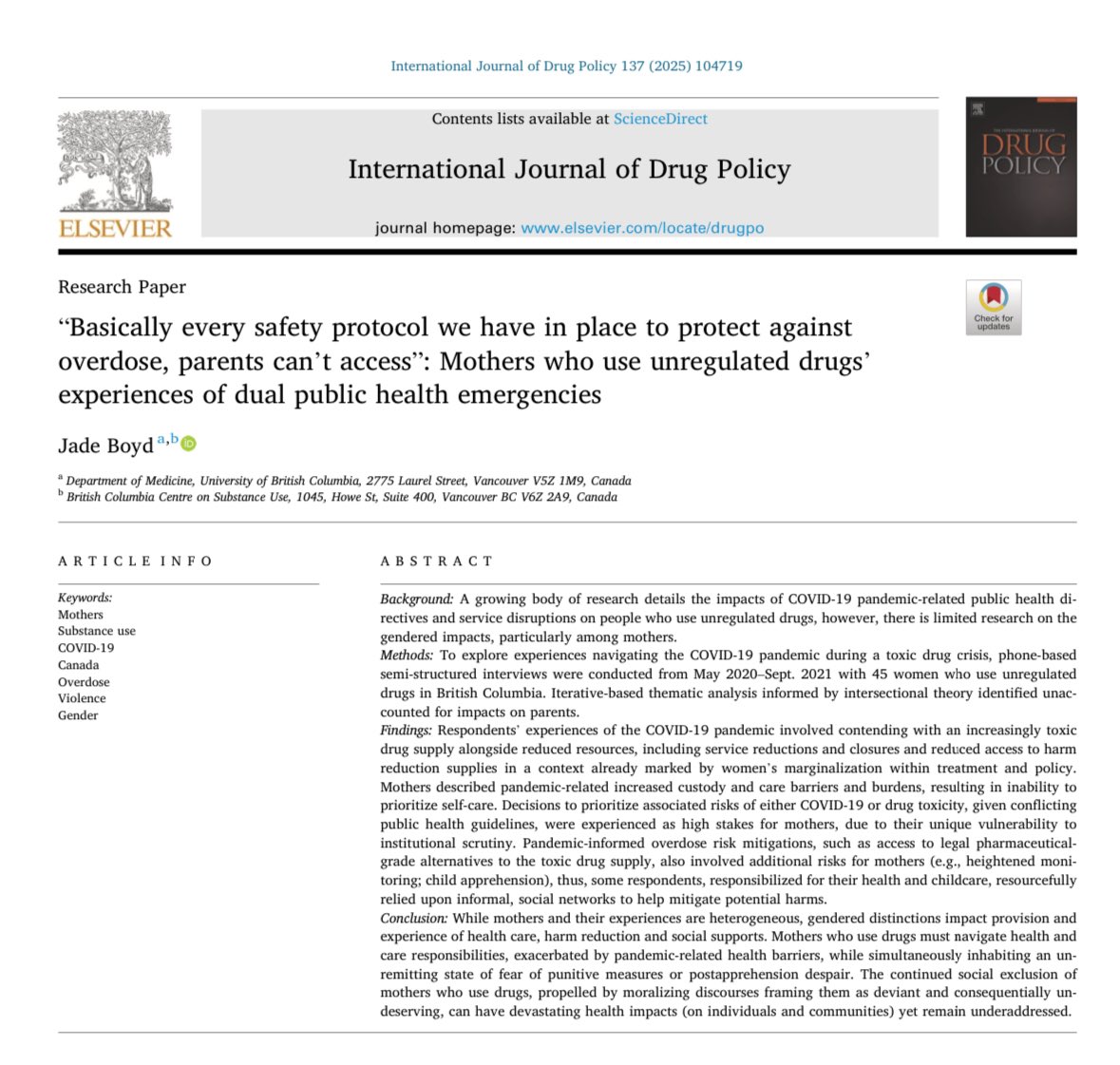 International Journal of Drug Policy (@ijdrugpolicy) on Twitter photo “Basically every safety protocol we have in place to protect against overdose, parents can't access”: Mothers who use unregulated drugs’ experiences of dual public health emergencies by Dr. Jade Boyd (2025) via <a href="/ijdrugpolicy/">International Journal of Drug Policy</a>…mothers use drugs too!
Link: sciencedirect.com/science/articl… “Basically every safety protocol we have in place to protect against overdose, parents can't access”: Mothers who use unregulated drugs’ experiences of dual public health emergencies by Dr. Jade Boyd (2025) via <a href="/ijdrugpolicy/">International Journal of Drug Policy</a>…mothers use drugs too!
Link: sciencedirect.com/science/articl…