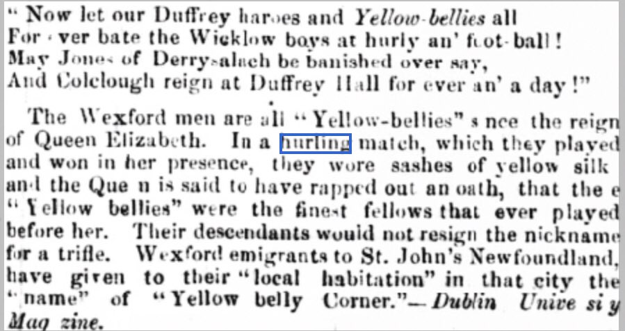 SportsHistory26's tweet photo. Article from the old Southern Reporter and Cork Commercial Courier newspaper edition of the 30th of December 1861 explaining (possibly) how @OfficialWexGAA got the nickname of the “Yellow-Bellies” #hurlinghistory🟨🟪 https://t.co/lWw0g3u7eq