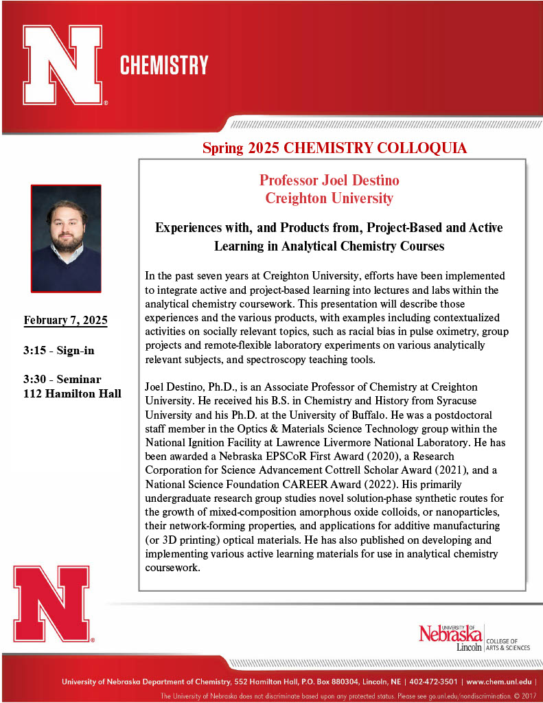 This Friday, February 7, we have Professor Joel Destino from Creighton University joining us as our Colloquium speaker. Please join us for our seminar at 3:30pm in room 112 Hamilton Hall