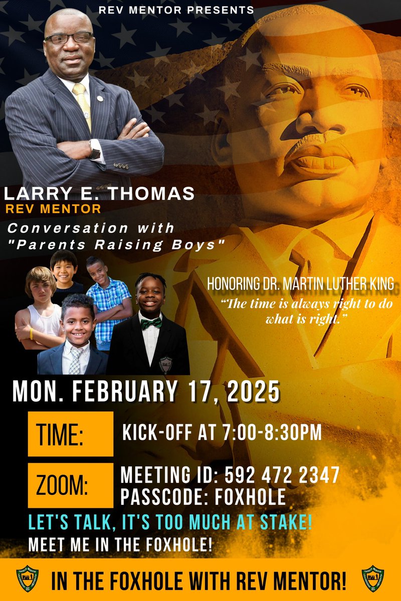 RevMentor's tweet image. Join me, Rev Mentor and my special guest in the Foxhole for a live zoom conversation about Raising OUR Boys. We will share tips, tools and strategies, have open dialogue, but most of all hear from parents.
See flyer for zoom link and other details.#tmla #iamrevmentor #tmla919
