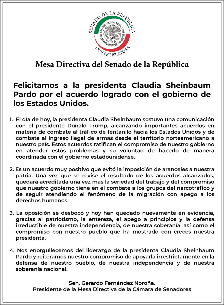 📌 El presidente de la Mesa Directiva, <a href="/fernandeznorona/">Fernández Noroña</a>, felicita a la presidenta <a href="/Claudiashein/">Claudia Sheinbaum Pardo</a> por el acuerdo logrado con el gobierno de los Estados Unidos.