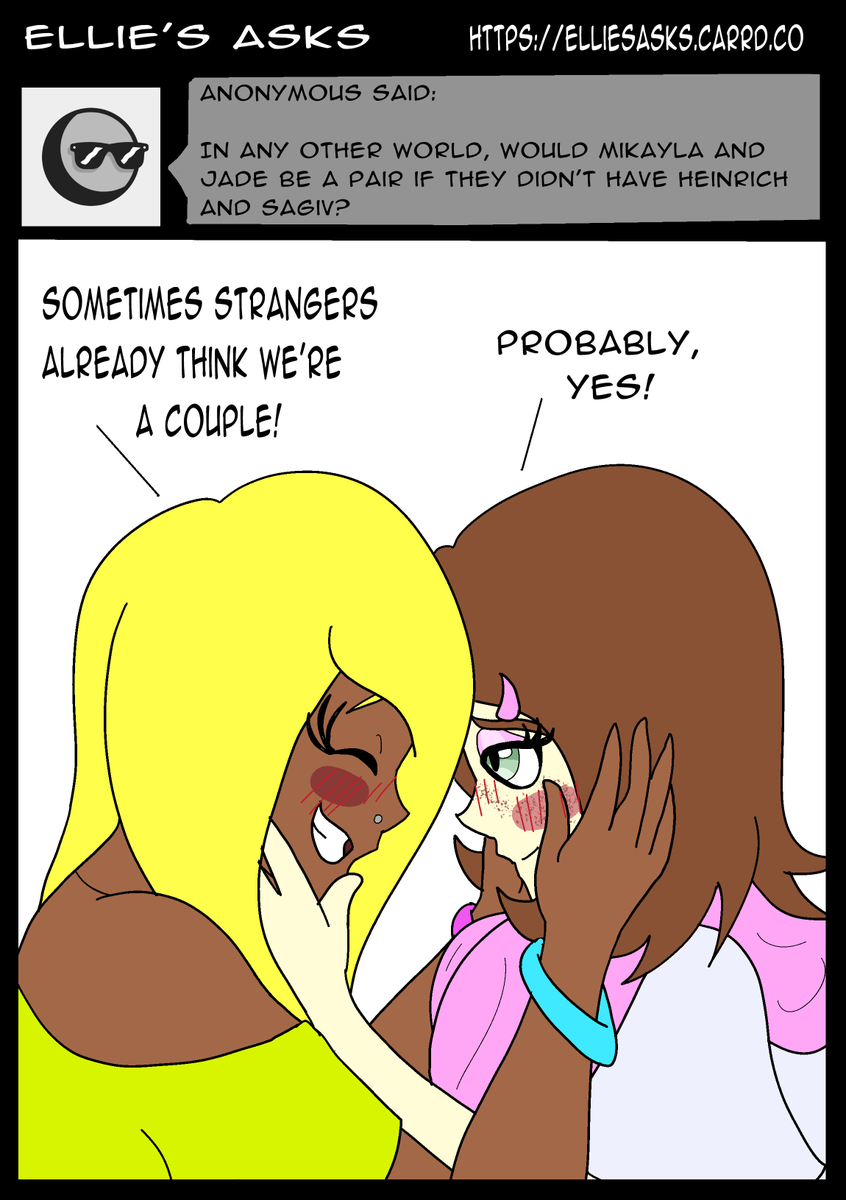 ElliesAsks's tweet photo. Yes. Mikayla and Jade are so close and physically affectionate, sometimes strangers mistake them for being in a relationship. Even when Heinrich and Sagiv are there. Because they’re just holding hands or just cuddling each other or whatever lmao
#ocart #digitalart https://t.co/M6Bsi5EWLR
