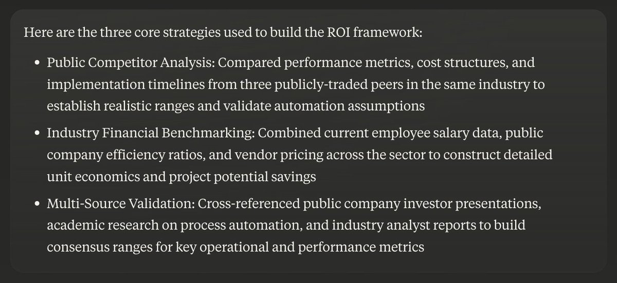 Deep Research will be a killer app for us at Eigen:
- gave o1-pro a call transcript &amp; email chain w/ prospect; wrote a PRD &amp; project scope w/ pricing estimate &amp; estimated ROI
- gave the scope to Deep Research to validate estimates and build a best/worst/likely ROI case framework
