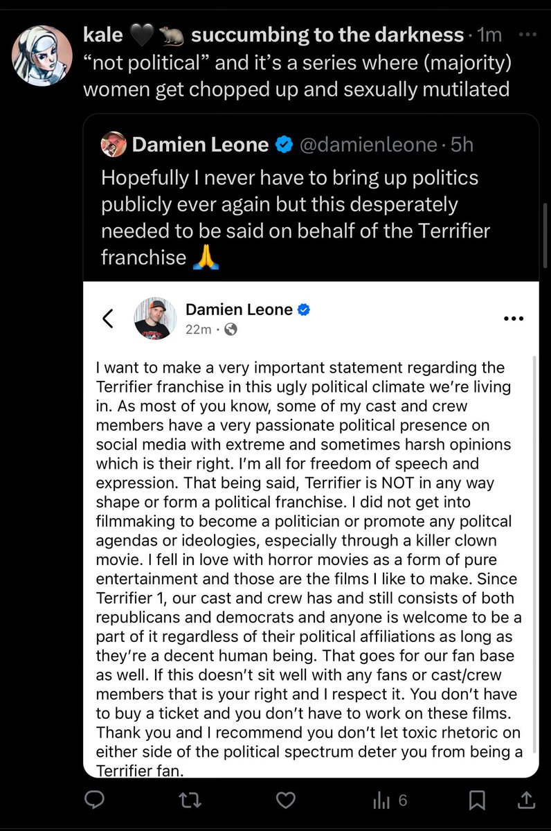 BadMediatake's tweet photo. The “All Art is political” types are mad at Damien Leone https://t.co/mDliFqTwEC