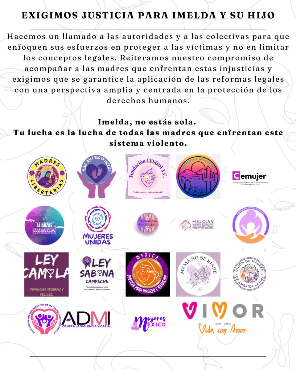 ACLARACIÓN SOBRE EL CASO DE IMELDA TUÑÓN
El uso de un menor como herramienta para dañar emocional y psicológicamente a la madre es fundamental para que se de la #ViolenciaVicaria. Luchamos por su reconocimiento para que ningún caso quede fuera del amparo de la ley
#Justicia
