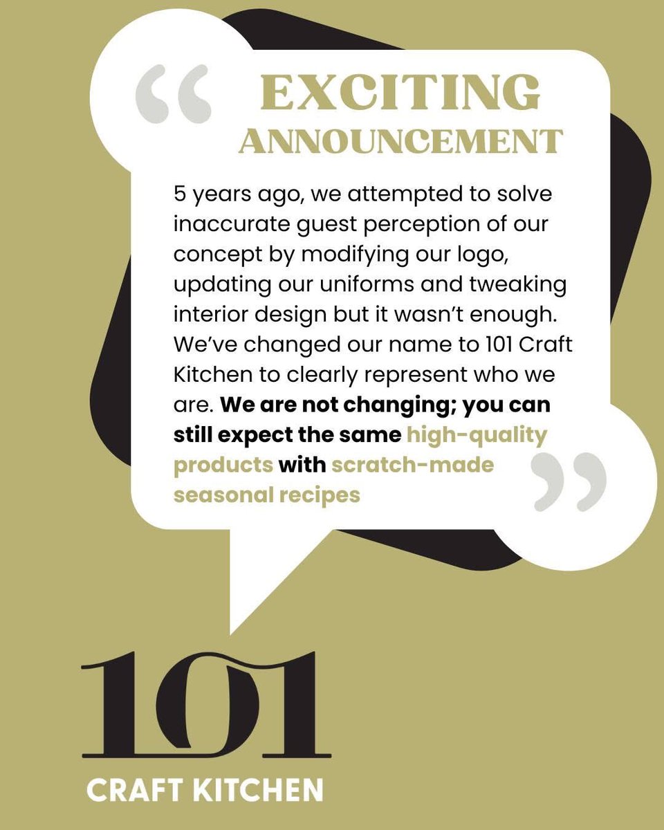 From 101 Beer Kitchen to 101 Craft Kitchen. A name to better match who we are and what we do! 
•
Read the full story on our blog @ 101craftkitchen.com/blog/nametomat…