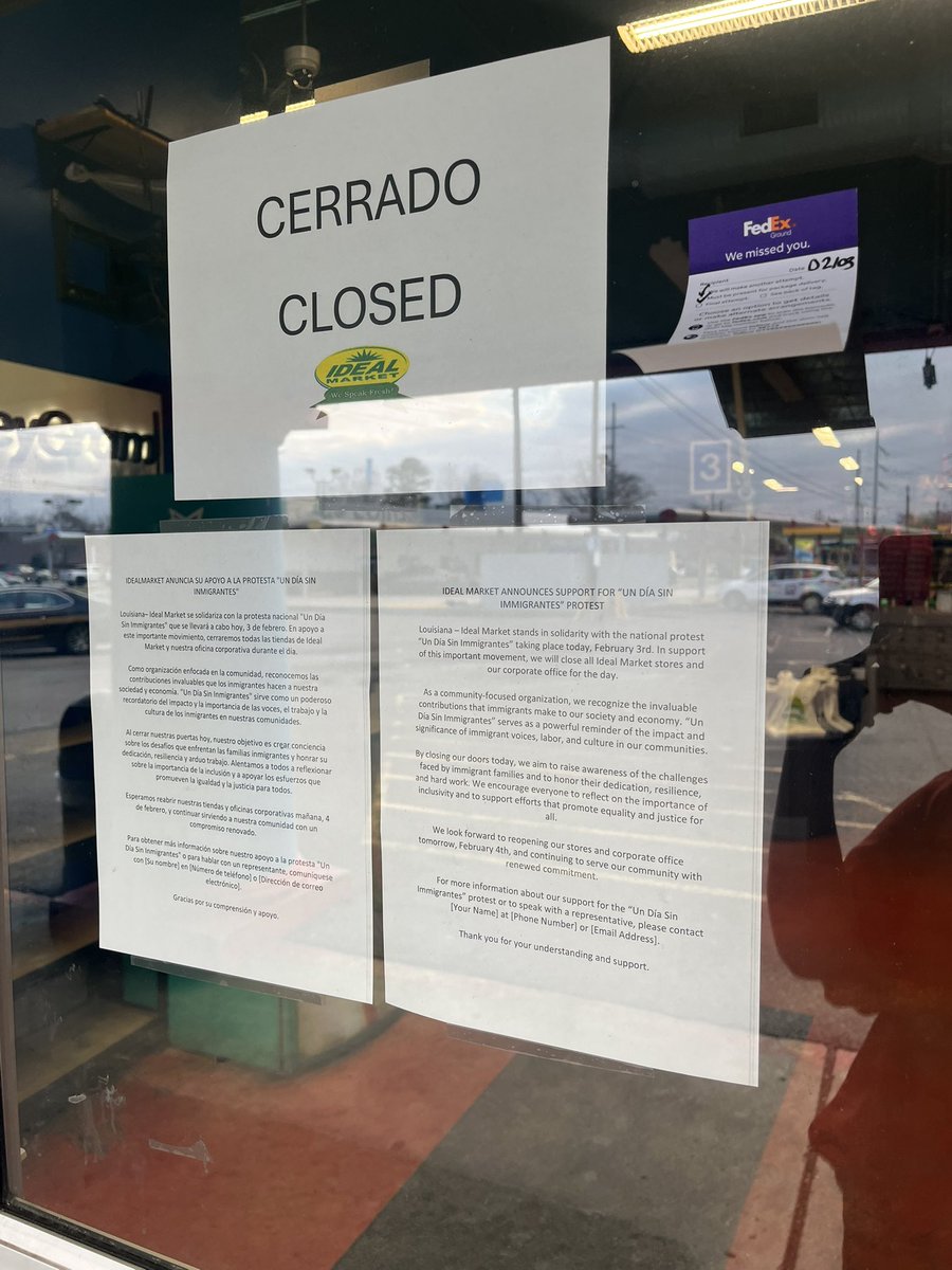 theanaconejo's tweet photo. Ideal market is showcasing their support in "a day without immigrants" call to action. All stores are closed, this is a sign outside one in Baton Rouge.

I'll have a story about more business in Baton Rouge that closed their doors https://t.co/pccdcl0P3c
