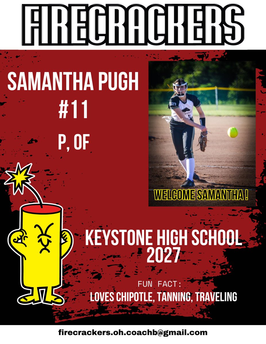 I am excited to announce that <a href="/SamanthaPugh01/">Samantha Pugh</a> is a Firecracker! Welcome aboard Sam and family! <a href="/Firecrackersinc/">Firecracker Softball</a>