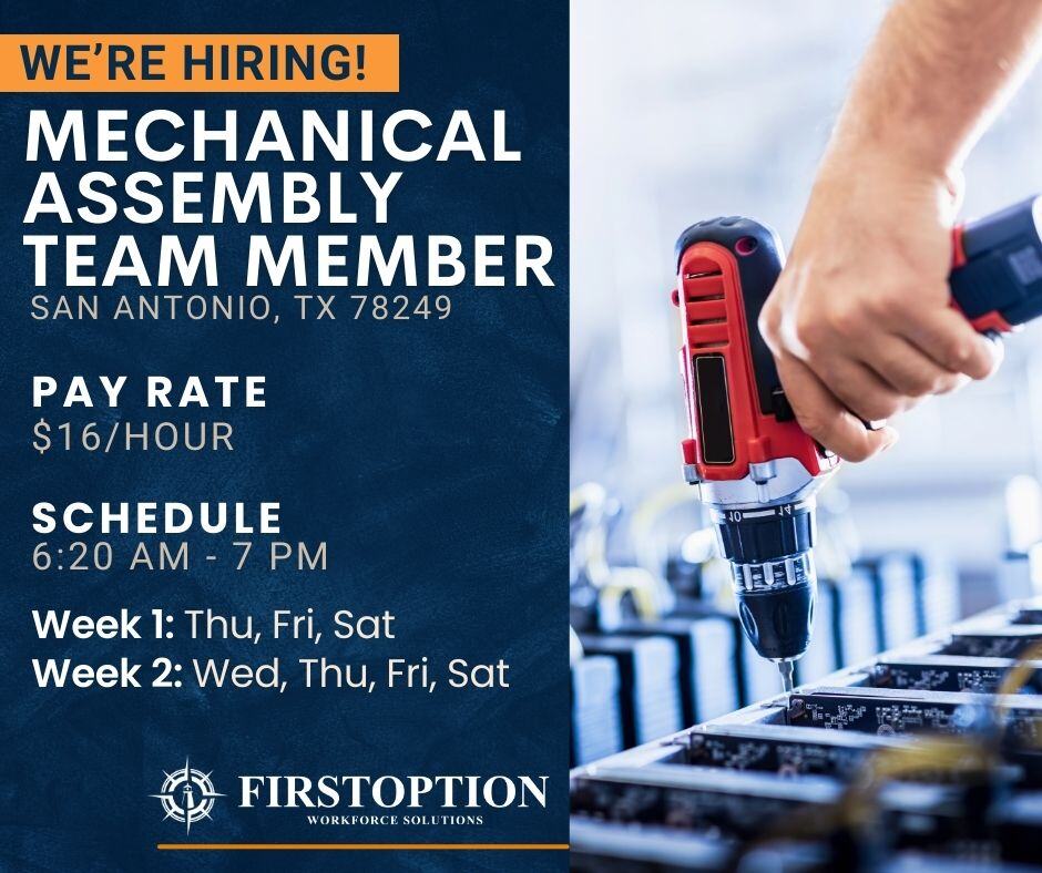 FirstOption1's tweet image. If you're handy with tools and want to be part of a top manufacturing team, this is your sign! 🚀Apply today!

Interested? Apply Here→ tinyurl.com/yehhavda
Questions? Give us a call!→ 210-733-3700

#Assembly #Prodution #SanAntonio #Hiring #FirstOption