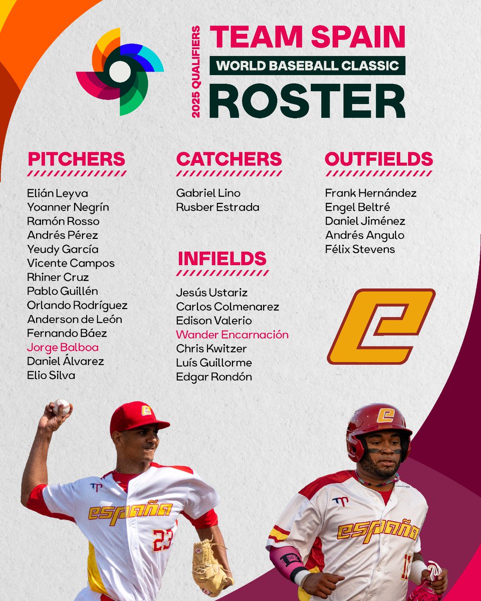 ROSTER LIST ⚾️📝

Ya conocemos la lista de jugadores que lucharán para acceder al World Baseball Classic 2026 en el clasificatorio en #Taipéi 🔥

Con estos 28 jugadores #España buscará su segunda participación en este prestigioso torneo 👏🏼

¡Vamos a por esa clasificación! 💪🏼🇪🇸